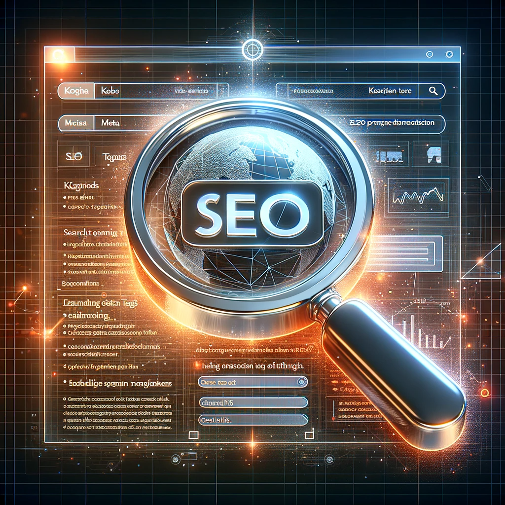 This imaginative illustration captures the essence of SEO optimization through the visual of a magnifying glass analyzing a digital web page. The image focuses on key SEO elements such as keywords, meta tags, and clean URLs, highlighted under the scrutiny of the magnifying glass. This symbolizes the critical examination by search engines and underscores the importance of effective SEO practices in enhancing online visibility. The background features a subtle digital grid, symbolizing the complex and interconnected nature of the internet and search engine algorithms. The image reflects the detailed and meticulous approach to SEO that Next.js 13 enables for web developers, emphasizing the platform's capabilities in optimizing websites for better search engine performance.