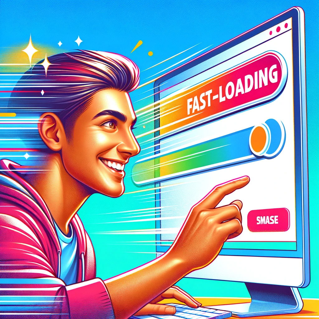 This vibrant and positive image portrays a happy user, a young adult of mixed descent, experiencing the joy of interacting with a fast-loading website. The user's cheerful expression is captured as they sit in front of a computer screen displaying a rapidly loading webpage, with a progress bar almost complete. Their satisfaction and delight are clearly visible, reflecting the smooth and satisfying user experience. The background is bright and full of energy, adorned with abstract elements that suggest speed and efficiency. This image encapsulates the essence of a superior user experience, highlighting the significant impact of fast website performance on user satisfaction, a fundamental advantage of using Next.js 13 in web development.