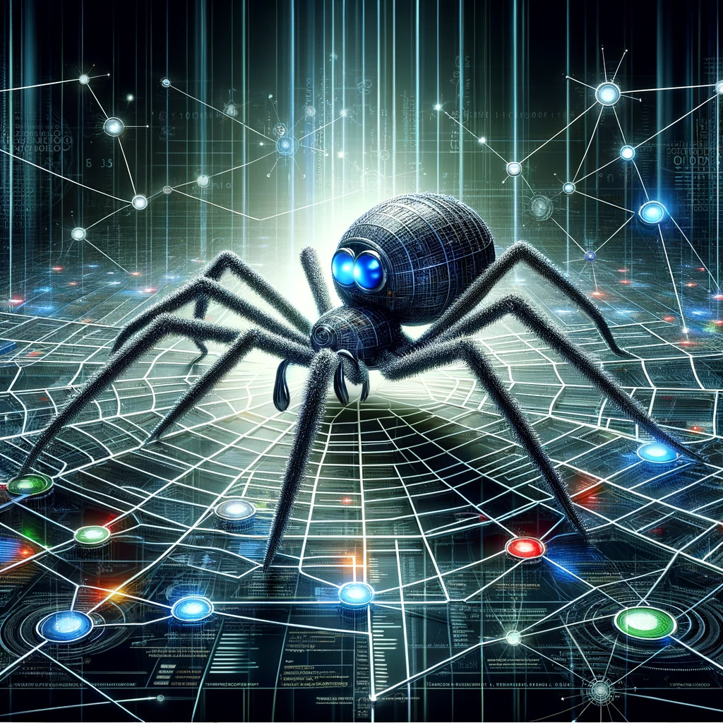 This imaginative image vividly encapsulates the concept of crawlability in SEO through the metaphor of a search engine 'spider' navigating a digital web. The spider, designed with elements that resemble search engine algorithms, traverses a complex web structure, signifying the interconnected pages of a website. The web, composed of intricate lines and nodes where each node symbolizes a webpage, beautifully illustrates the process of crawling and indexing web content. The path of the spider across this web symbolizes how search engines explore and understand website structures. Set against a digital and abstract background, this image enhances the metaphor of the internet as an expansive web. It creatively portrays the critical role of crawlability in SEO and highlights how Next.js 13 efficiently facilitates the crawling and indexing process by search engines.