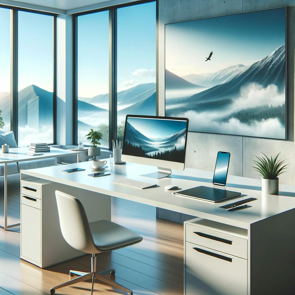 Photo of a minimalist modern home office setup with a laptop, smartphone, and digital tablet on a sleek white desk. The room has a large window revealing a scenic view of mountains and a clear blue sky outside, embodying the concept of remote work in a serene environment. The workspace is organized and reflects a tranquil vibe, suggesting a harmonious blend of productivity and peacefulness.