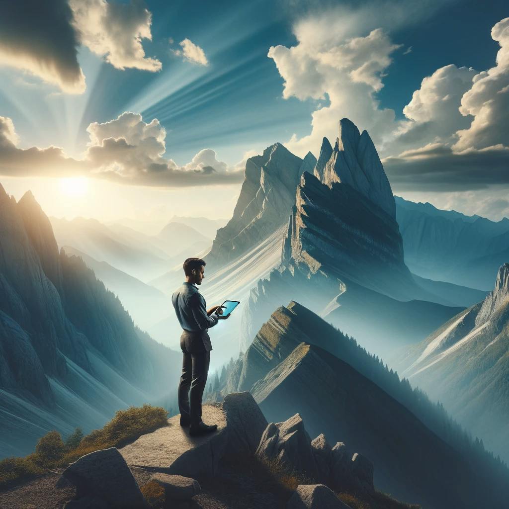 Photo of a person with Hispanic descent standing on a high cliff overlooking a dramatic mountain range, using a tablet device. This image captures the essence of flexibility and inspiration found in nature, symbolizing the boundless office spaces available to a digital nomad.